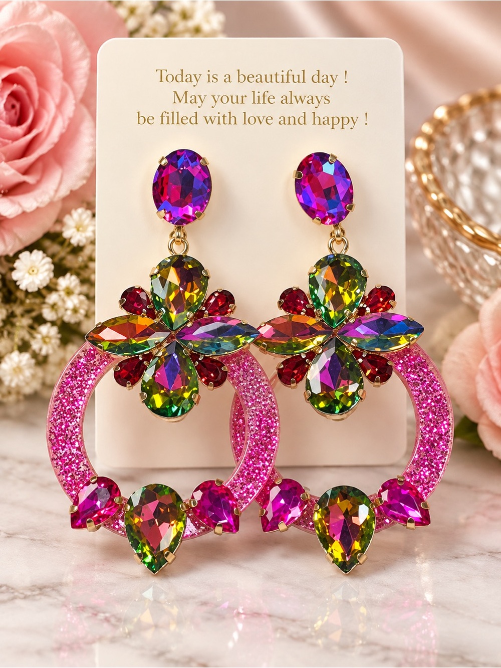 Multicolor Crystal Floral Pink Hoop Drop Earrings